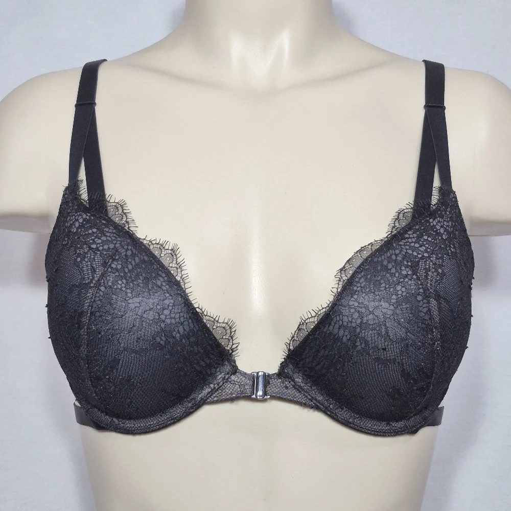 34C Victoria's Secret Push‎ Up Front Close UW Bra with Eyelash Lace Black